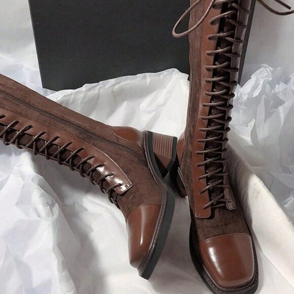 Brown Elegant Women's Thigh High Lace-Up Square Toe Chunky Heel Boots - Picture 2 of 4